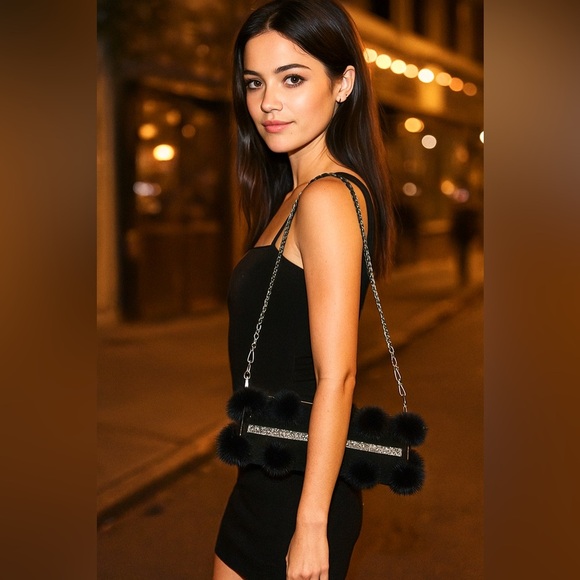 Secret Gardens by Karen Sharf black pom-pom rhinestone baguette clutch - Picture 11 of 11